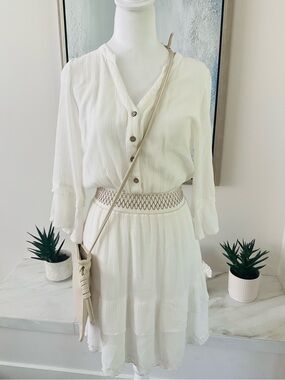 ESQUALO  Sweet Cream Button-Front Boho Dress with smocked waist .